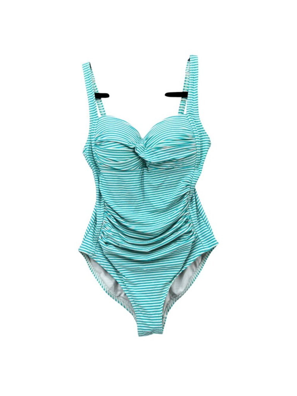 Nip Tuck Swim One Piece Swimsuit Womens Aqua Striped Ruched Multi Fit Cup Size 6